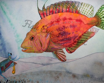 Watercolor Fish Art | Rooster Wrasse Rainbow Tropical Fish | Fish Art Painting |  Limited Edition Museum Quality Giclee | Fish Art