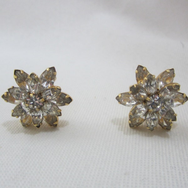 Vintage Rhinestone Earrings, Tiered Flower Shaped Clear Rhinestone Clip Ons