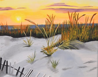 Original Acrylic  Beach Painting on Canvas Titled Sunset On The Dunes, 12" X 12"