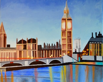 Original Acrylic Cityscape Painting on Canvas Titled Impressions of London  size 12" X 12"