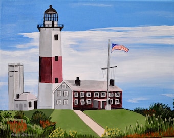 Original Acrylic Landscape Lighthouse Painting On Canvas  Titled Montauk Lighthouse  No 4 11" X 14"