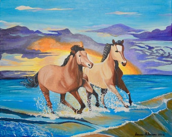 Original Acrylic Horse Painting on Canvas Titled Sunset Run size 16" X 20"