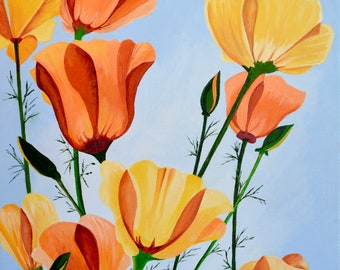 Original Acrylic Floral Painting On Canvas Titled Poppies In The Sun No3 Size 16" X 20"