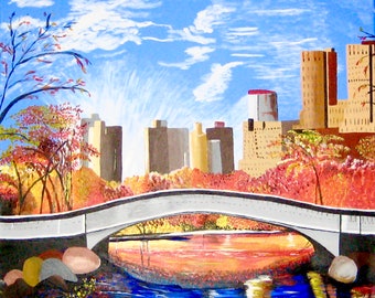 Original Acrylic New York City Landscape Painting On Canvas Title Autumn Oasis, 22" x 24"