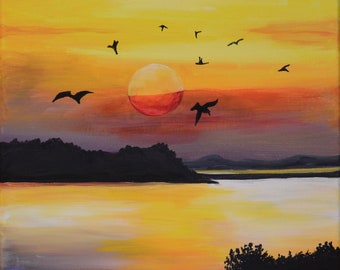Original Acrylic Landscape Sunset Painting On Canvas Titled Sunset No 8  size 12" X 12"