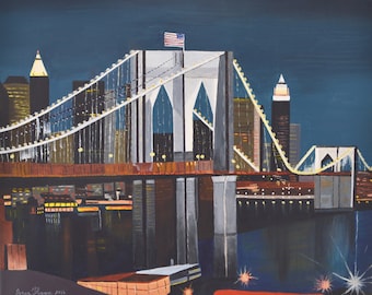 Original Acrylic Lanscape Citiscape Painting On Canvas Titled Brooklyn Bridge Size 16" X 20"