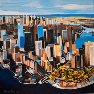May include: A colorful painting of the New York City skyline, featuring the Freedom Tower and other skyscrapers. The painting is done in a stylized, geometric style, with bold colors and sharp lines. The painting is set against a blue sky and a body of water.