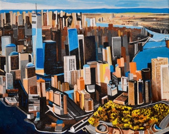 Original Acrylic Landscape Citiscape Painting of Lower Manhattan On Canvas Titled Vertical Echo Size 12" X 12"