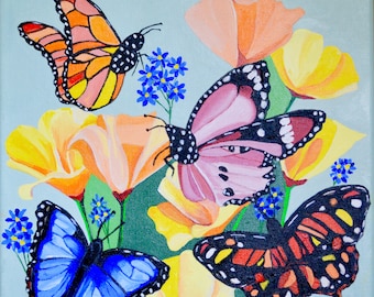 Original Butterfly Floral Acrylic  Painting on Canvas  Titled Butterfly Garden No6  12" X 12"