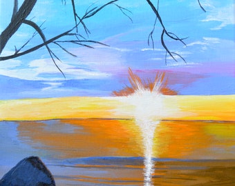 Original Acrylic Sunset Beach Painting on Canvas Titled  SUNSET NO9  11 X 14