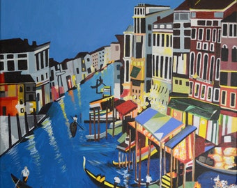 Original Acrylic Landacape Citiscape Painting on Canvas Titled Grande Canal Size 24" X 24"