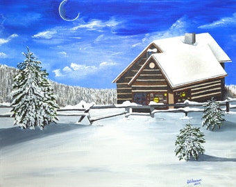 Original Acrylic  Landscape/ Winter Painting Titled Cabin In The Woods 2, size  14" X 18"