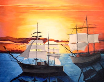 Original Acrylic Fantasy Sunset Painting On Canvas Titled Ghost Ships At Sunset Size 24" x 24"