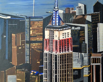 Original Acrylic New York City Landscape Painting On Canvas Titled Empire State Size 16" X 20"