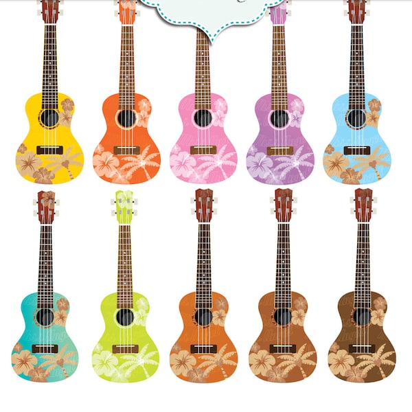 Hawaii ukulele clip art. Hawaiian ukuleles clip art. Hibiscus ukuleles digital images. 10 Colorful flowery ukuleles. Luau party decor