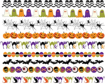 Halloween Borders Clip art, Halloween Bunting Banners, Digital ribbons. Skull, spider, ghost, pumpkins, cat. Orange, Black, Purple, Green