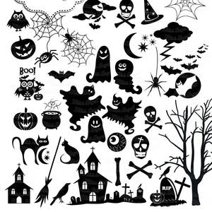 Halloween Silhouettes Clip art. 34 black Halloween clipart. 6 black white Halloween. Ghosts, spiders, pumpkins, haunted house, bats, skull image 1