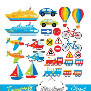 Transporten en borden clipart. 24 Digitale auto, boot, vliegtuig, fiets, helikopter, lijnschip, verkeersborden. Leuke transporten digitale illustraties