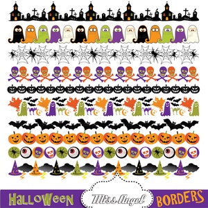 Leuke Halloween-grenzen Clipart, digitale Halloween-linten, vlaggenslingers. Pompoen, schedel, spinnenweb, geest. Oranje, zwart, paars, groen