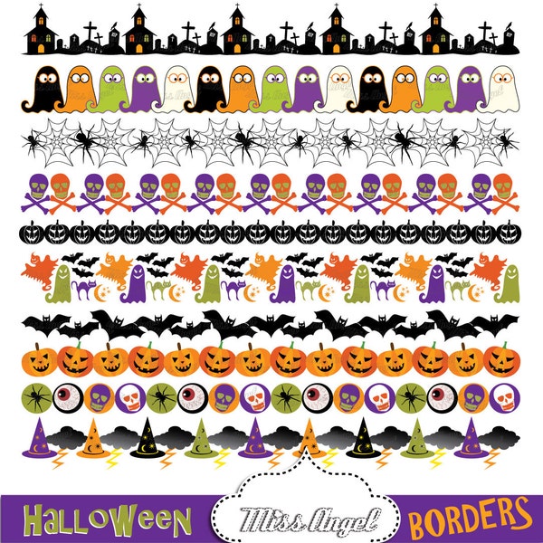 Cute Halloween Borders Clipart, Halloween digital ribbons, Bunting Banners. Pumpkin, skull, spider web, ghost. Orange, Black, Purple, Green