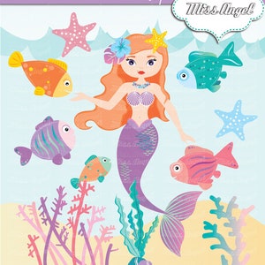 Meerjungfrau Clipart. Digital unter der Meer-Meerjungfrau. Niedliche Fisch Clip Art. Meerjungfrau, Korallen, Seestern. Mermaid tropisch Party. Sirene. Hawaii Meerjungfrau