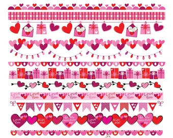 Valentine's Day Borders, 12 love bunting banners clip art. 12" romantic, hearts, arrows. Pink, dark pink, red. Small Commercial Use