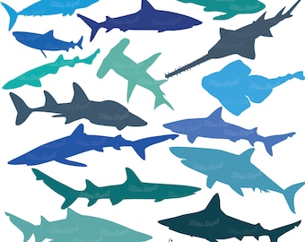 Sharks silhouettes clip art. Digital shark silhouettes, blue shades. Printable scrapbook sharks. White shark, hammerhead, reef shark