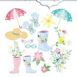Frühling Clipart. Chic Spring Clip Kunst. Stiefel, Blumen, Regenschirm, Blumenstrauß, Sonnenhut, Handschuh. Muttertag Garten. Blumige druckbare Illustration