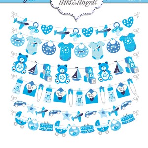 Baby-Dusche digitale Wimpelketten. Baby Jungen digitale Banner. Digitale Girlanden für Jungen. Blaue Babyborten. Digitale Farbbänder. Kinderwagen, Attrappen, Bär