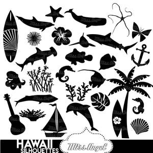 Hawaii silhouette clipart. Tropical Clipart, Luau party décor. Hawaiian clipart, dolphin, shark, hibiscus. Shark, dolphin, fish, surfboards