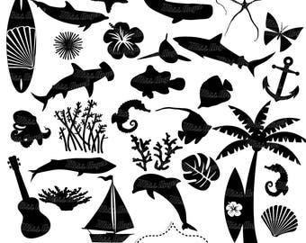 Hawaii silhouette clipart. Tropical Clipart, Luau party décor. Hawaiian clipart, dolphin, shark, hibiscus. Shark, dolphin, fish, surfboards