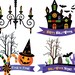 Halloween party clip art. Printable Halloween decor. Haunted house, chandelier, pumpkin, candies, cemetery, bats. Banner, bunting