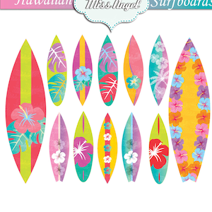 Hawaii Surfboards clip art set, 12 digital surf boards. Hibiscus flowers surfboards. Beach Colorful Surfboards. 6&quot; Digital Surf clip art