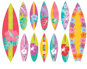 Hawaii Surfboards clip art set, 12 digital surf boards. Hibiscus flowers surfboards. Beach Colorful Surfboards. 6&quot; Digital Surf clip art