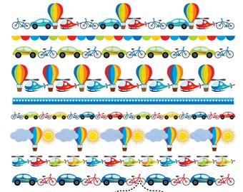 Cars helicopters bunting banners, transports borders clip art. Hot balloon, bicycle, cars ribbons. Boys party banners. Small Commercial Use