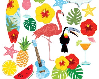 Hawaii Clipart. Flamingo, Hawaiian Summer Beach Clip Art. Flamingo, toucan, surfboard, Hibiscus, Monstera, drink, fruit. Hawaii party Luau