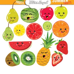 Clipart numérique de fruits mignons. Fruits d'été kawaii. Clipart de fruits souriants. Ananas, pomme, pastèque, citron, orange, kiwi, fraise