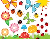 Ladybugs, Flowers, Mushrooms, Butterflies CLIPART. Summer bugs. Printable colorful summer Clip Art, MissAngelClipart