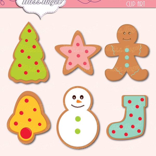 Clipart de biscoitos de gengibre fofos. Clipart de biscoitos de Natal. Clipart imprimível para festa de Natal. Árvore de Natal, biscoito de gengibre, boneco de neve
