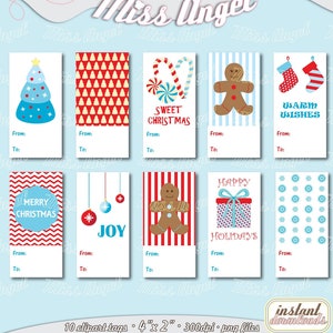 Christmas tags. Digital gifts tags clipart. Greetings printable Christmas labels. Gingerbread, candies, snowflakes, tree, decorations