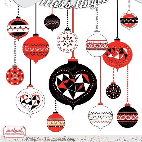 Christmas ornaments clipart. Christmas Balls Geometric Decor, Tree Ornaments, Digital Christmas decorations. Red black white printable decor