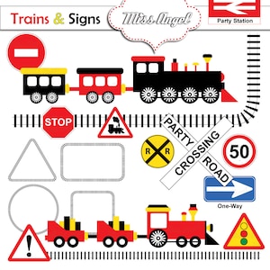 Trains and Signs Clip art, Trains children party clipart. Kids Trains & Signs. Trains Theme. 6 Train Illustrations, MissAngelClipart image 1