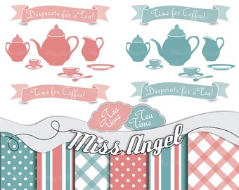 Tea Clipart, Wrapping Paper Sheets. Vintage Cup of Tea, Digital China. 20 ClipArt and 6" Digital Backgrounds. Pink Blue tea party