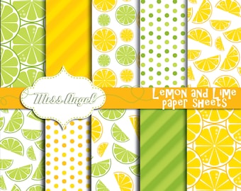 Lemon Lime digital papers. Citrines digital sheets. Printable yellow green lemons and limes background pattern. Fruit digital wrapping paper