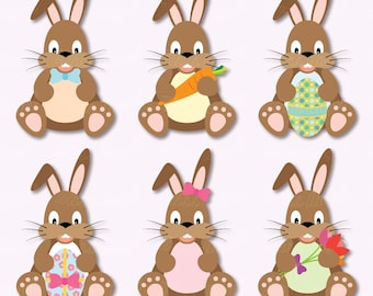 Clip art de conejitos de Pascua. 6 Conejitos de Pascua de chocolate 6". Conejo marrón con huevo, zanahoria. Lindos conejitos marrones de Pascua imprimibles. Descarga instantánea