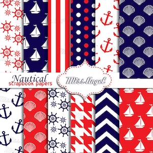 Maritimer digitaler Papierbogen. 12 Nautisches marineblaues und rotes Muster. KAUFEN Sie 2 und erhalten Sie einen gratis! Boot, Anker, Steuerrad, Muschel