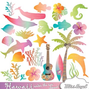 Imágenes Prediseñadas de Hawaii bajo el mar. Animales marinos, imágenes prediseñadas de surf, imprimibles de álbumes de recortes. Tiburón, ballena, tabla de surf, ukelele, cocotero, hibisco.