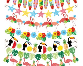 Flamingo buntings clipart. Tropical Hawaii Luau digital garlands. Flamingo banners, borders. Surfboards, hibiscus, flamingos, monstera, surf