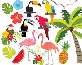 Tropical birds clipart. Parrot clipart. Flamingo clip art. Toucan clip art. Summer clipart. Hibiscus, Monstera leaf, pineapple, watermelon