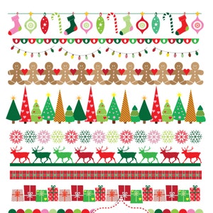 Christmas bunting banners. Digital Christmas Borders Clip art, Green Red. Small Commercial Use. Reindeer, Trees, Snowflakes